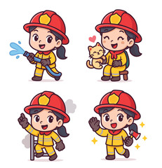 Cute Firefighter Girl Vector Cartoon Girl in Fireman Uniform with Fire Hose and Cat Rescue Scene