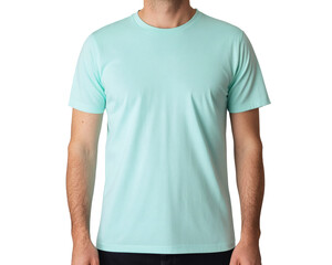 Fototapeta premium Man is wearing a light green or teal T-shirt, showcasing the simple design and color of the shirt.