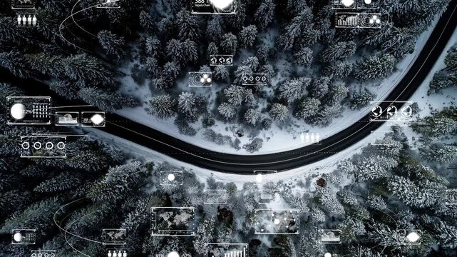 Drone perspective over snowy woods and asphalt road, digital network grids and real-time analysis overlays