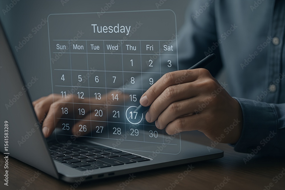 Poster person using a stylus to select the 17th day on a digital calendar displayed on a laptop screen