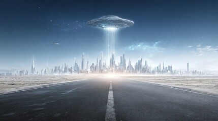 Futuristic cityscape with alien spaceship hovering above modern skyline under blue sky.