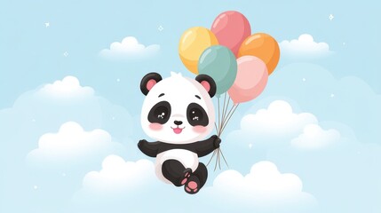 Obraz premium A cute panda character floats in the sky, holding colorful balloons amidst fluffy clouds.