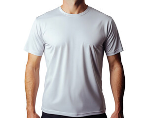 Athletic man displaying a light gray crew neck t-shirt with short sleeves perfect for apparel design.