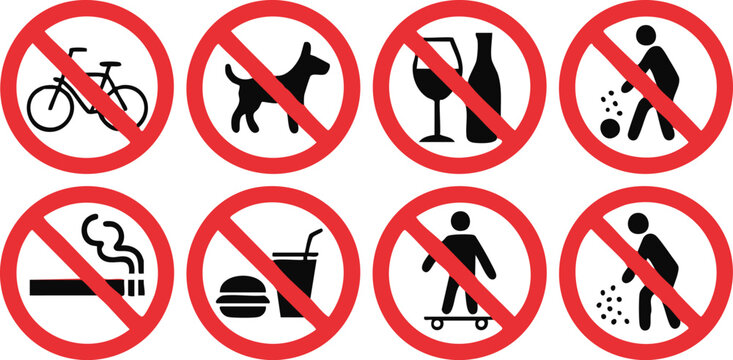 Prohibited Activities Warning Signs Set With Red Circles Showing No Smoking Drinking Eating Bicycle Dogs Skateboarding Littering

