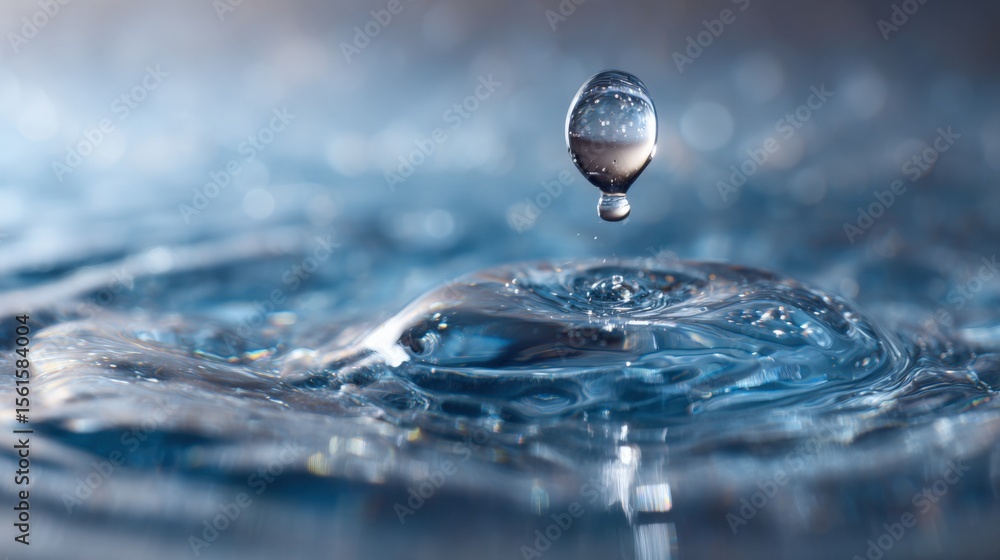 Aufkleber close-up of a water droplet splashing into the surface creating ripples and reflections.