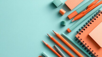 Flat Lay of Colorful Pens Notebooks and Sticky Notes on Bright Pastel Background.