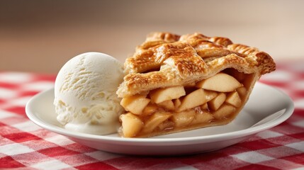 Classic homemade apple pie with flaky crust served with scoop of vanilla ice cream.
