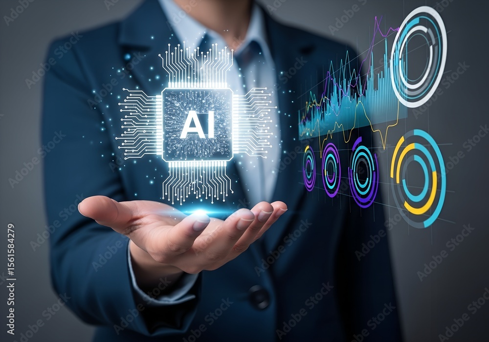 Poster businessman holding a glowing ai chip with futuristic data visualizations and charts in the backgrou