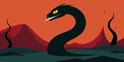 Fototapeta premium Mythical Serpent Illustration Dark Fantasy Landscape