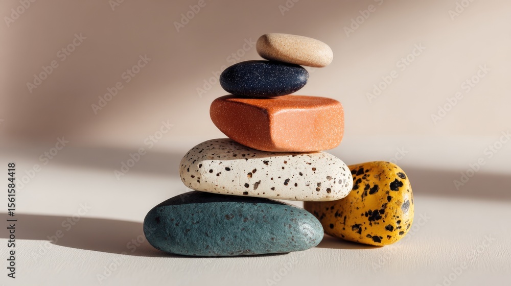 Poster stack of colorful smooth stones balanced on each other with soft shadow and neutral background.