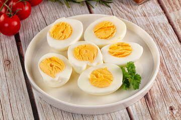 Boiled chicken eggs with bright yolk