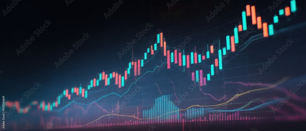 Poster stock market data visualization with colorful candlestick charts and graphs showing trends and fluct