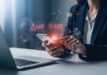 Person using smartphone with digital alert notifications and abstract geometric data visualization overlay