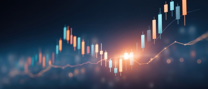 Financial graph displaying stock market trends with vibrant candlestick charts against a blurred background.