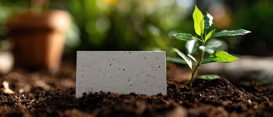 Blank card mockup with young plant growing in soil outdoors Concept of new beginnings, growth, and sustainable business