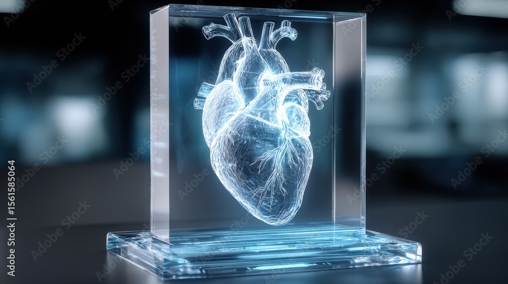 Poster detailed 3d rendering of a realistic human heart displayed in a transparent glass block with a dark 