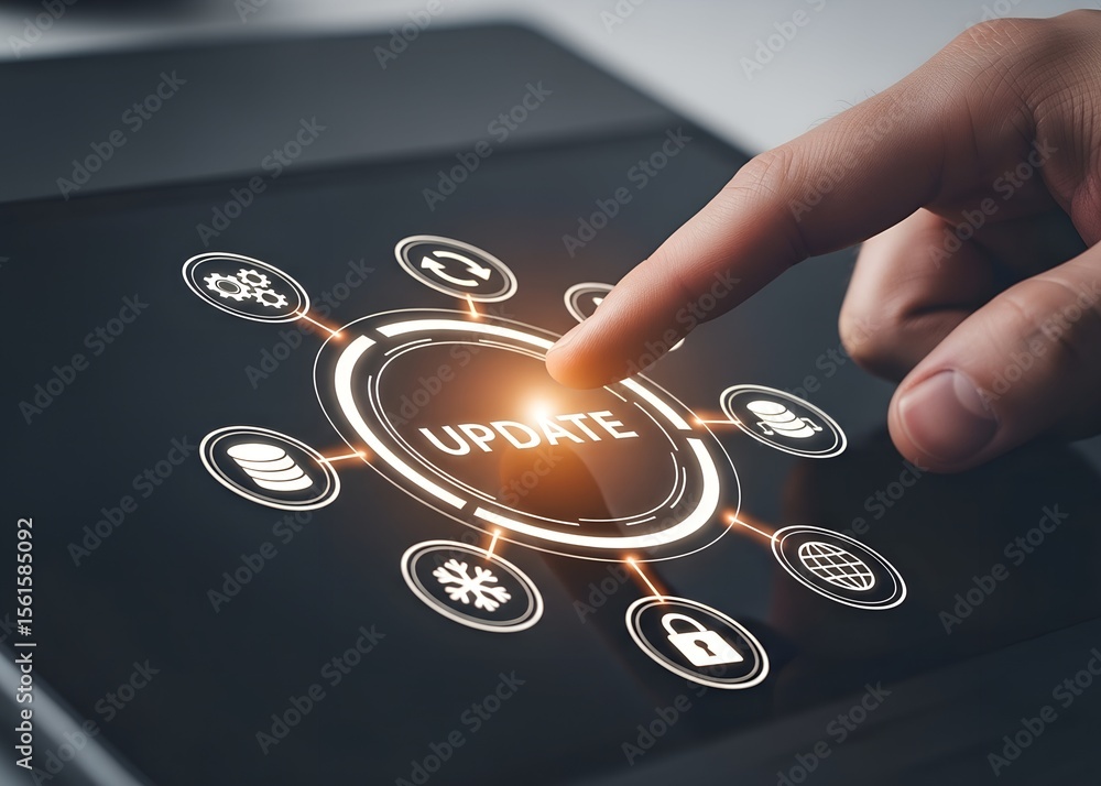 Poster human finger touching a digital interface displaying the word update surrounded by various technolog