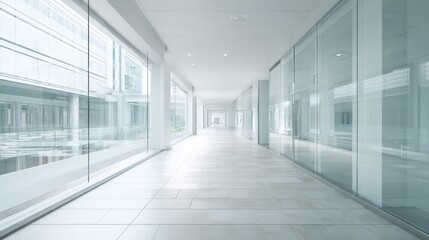 Bright modern hallway with large glass windows and sleek minimalistic design.