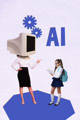 Vertical art 3d creative image collage of anonym teacher woman stand instead head pc monitor ai...