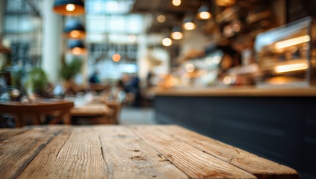 Rustic wooden cafe table, blurred background