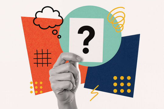 creative hand holding a question mark card against colorful abstract shapes representing uncertainty and inquiry in contemporary design