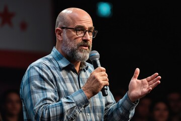 Bald man with beard and glasses speaking into a microphone on stage gesturing with his hand