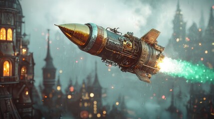 Naklejka premium Steampunk Rocket Launching Over a Mystical City