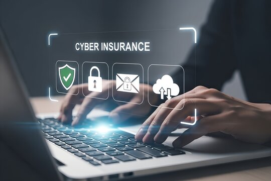 Person typing on a laptop with a digital interface showing cyber insurance icons and security symbols - Powered by Adobe