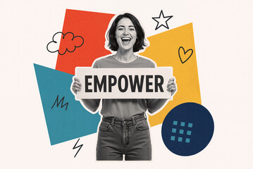 Naklejka premium young woman smiling while holding an empower sign with colorful abstract shapes in the background, symbolizing confidence and motivation in personal growth and community support