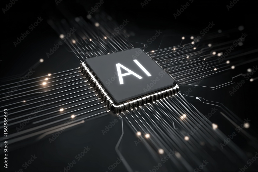 Poster close-up of a high-tech artificial intelligence microchip circuit with ai lettering.