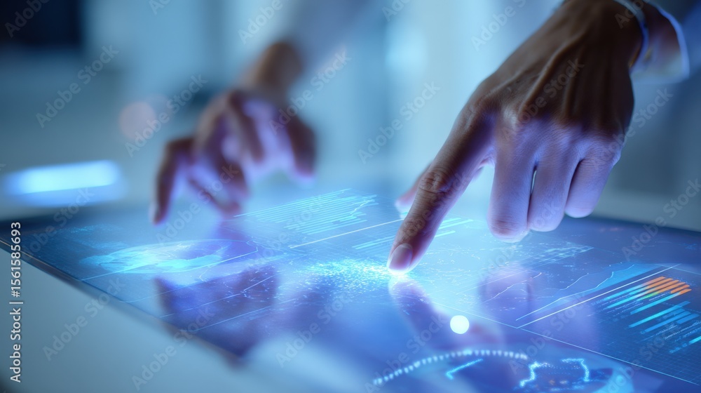 Poster futuristic technology concept with hands interacting with glowing digital interface.