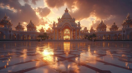 Obraz premium Grand palace at sunset. Vast ornate structure, light beige, golden accents, reflecting in a polished floor. Dramatic clouds and warm light