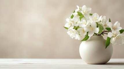 Fototapeta premium Elegant white jasmine flowers in a minimalist white ceramic vase on wooden surface.