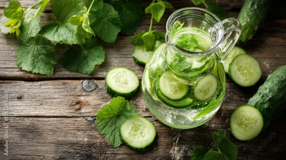 Poster refreshing cucumber water in glass pitcher with cucumber slices and green leaves.