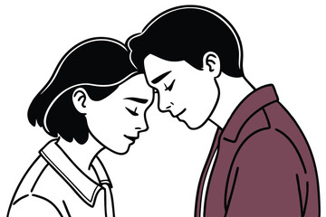 Minimalist illustration of a couple touching foreheads in a gentle embrace