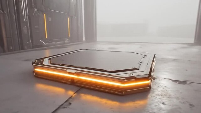 Futuristic platform, metallic gray, illuminated orange border, spacious interior, light gray concrete floor