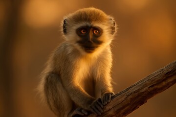 Adorable young monkey with bright eyes perched on a branch at sunset