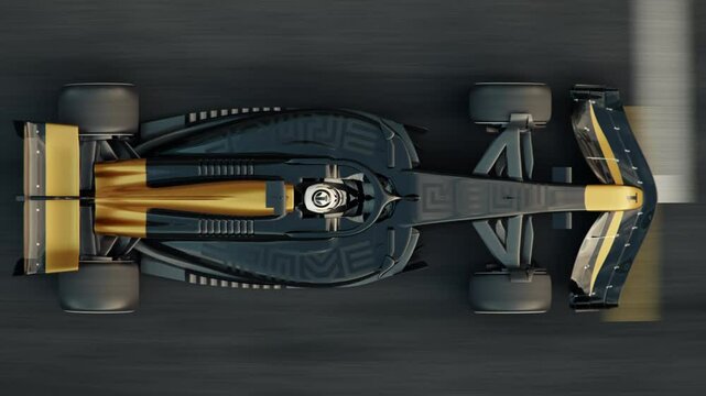 Top view of a generic formula one race car driving across the finish line. 3d animation rendering. New 2025 black and gold race car design