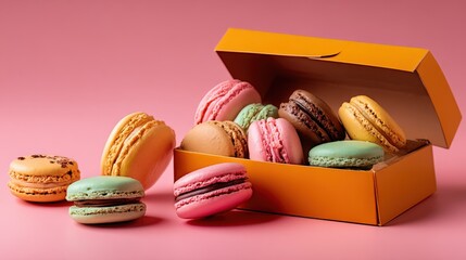 Colorful assorted macarons in a yellow box with some placed outside on pink background.