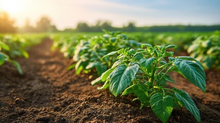 Lush green potato plants growing in a well-maintained agricultural field during daytime outdoor scene.