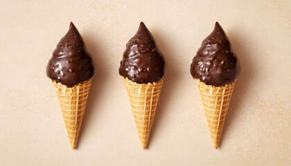 Three chocolate dipped waffle cones placed