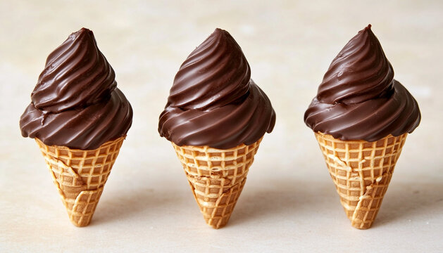 Three chocolate dipped waffle cones placed
