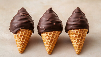 Three chocolate dipped waffle cones placed