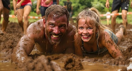 Mud Run Fun: Father and Daughter Covered in Mud, Smiling, Crawling, and enjoying a dirty obstacle race, Active Lifestyle, Outdoors, Challenge, Joyful, Family Activity. Vector Illustration