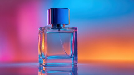 Elegant glass perfume bottle with a sleek blue cap on colorful blurred background.