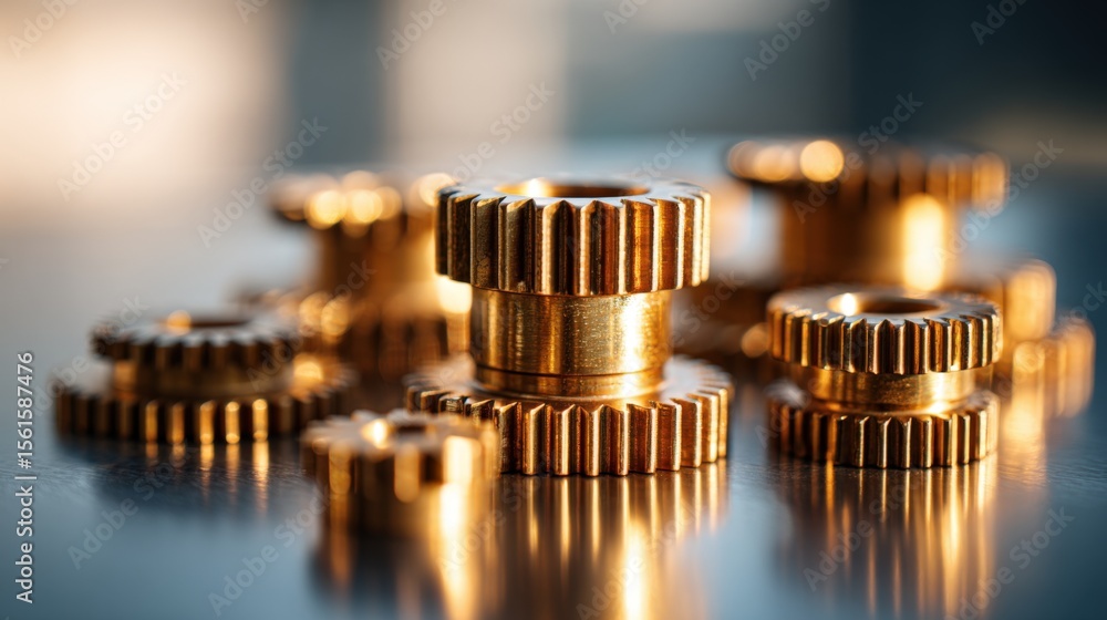 Aufkleber close-up view of golden metal gears and cogs in various sizes with detailed textures on a reflective