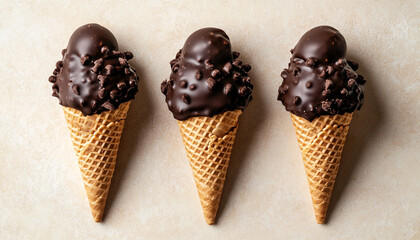 Three chocolate dipped waffle cones placed