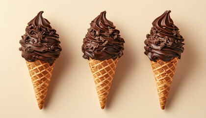 Three chocolate dipped waffle cones placed