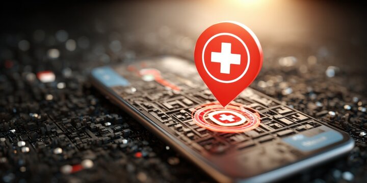 Smartphone with GPS location marker and medical symbol on screen close up.