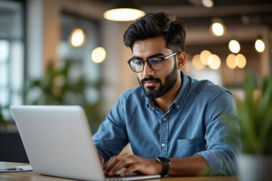 Focused young indian man wearing glasses working on a laptop in a modern office environment - Powered by Adobe